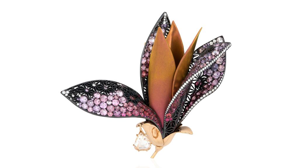 The diamond, spinel, and sapphire “Fleur de Magnolia” brooch by Alix Dumas Maison Alix Dumas Fleur de Magnolia